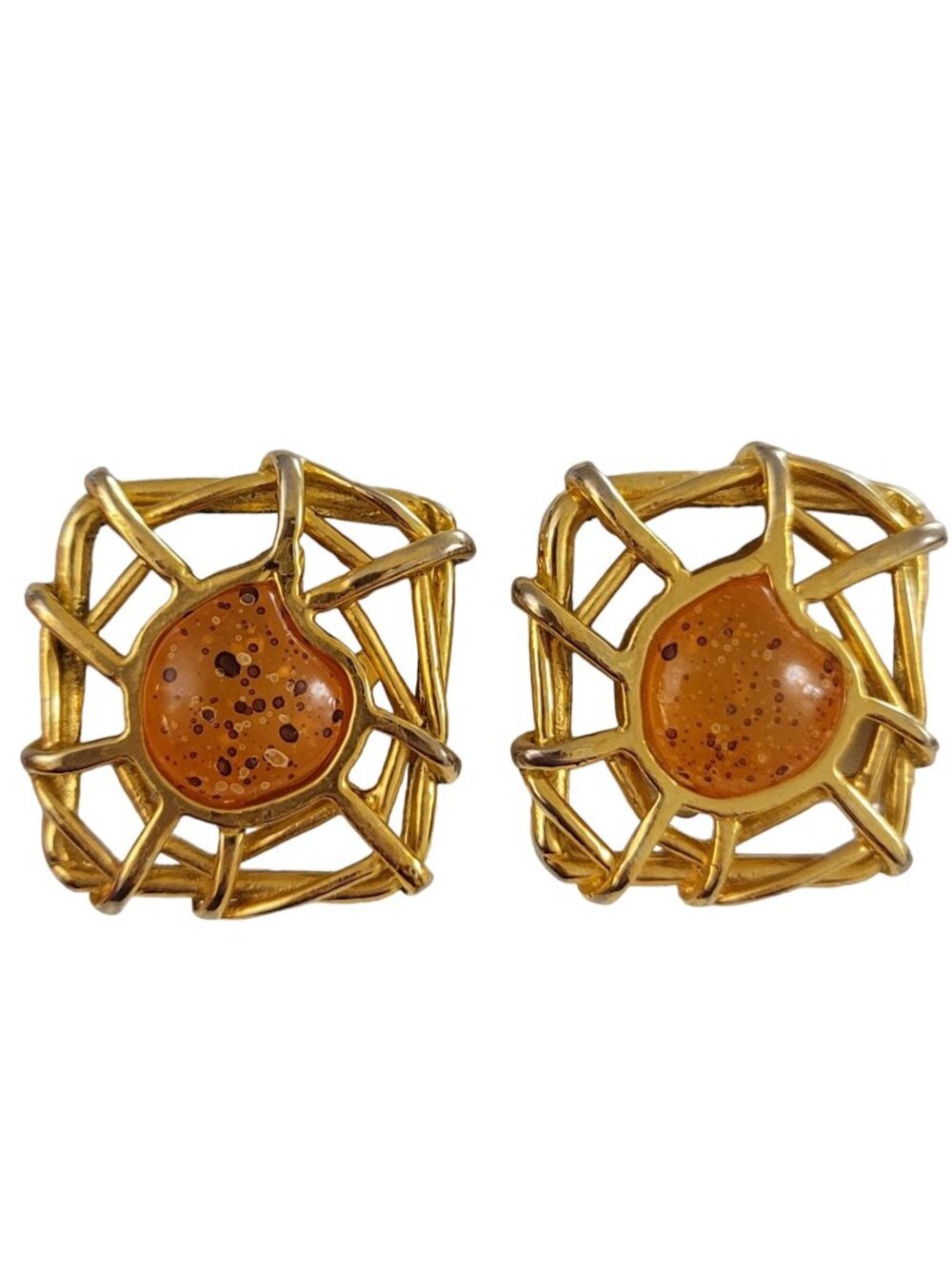 Gold Tone Brutalist Square Webbed Center Yellow Spotted Lucite Clip On Earrings